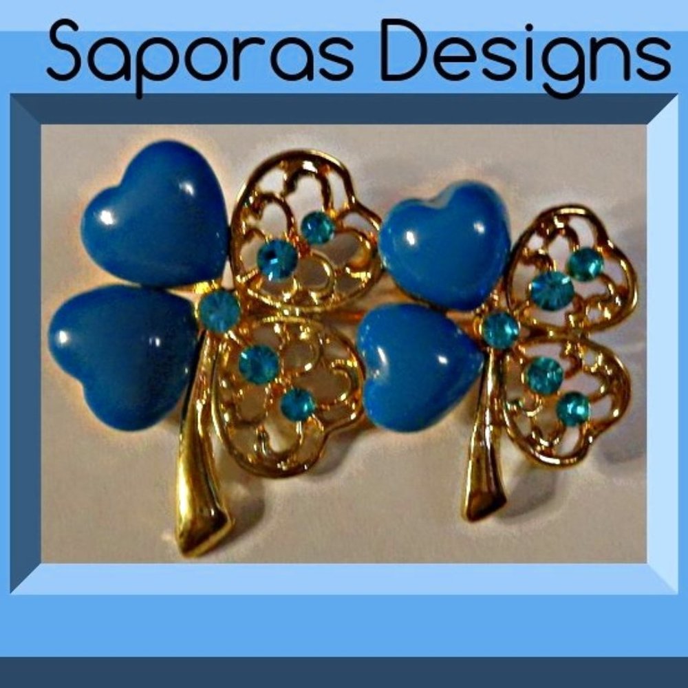 Gold Tone Four Leaf Clover Design Brooch With Blue Beads & Blue Crystals